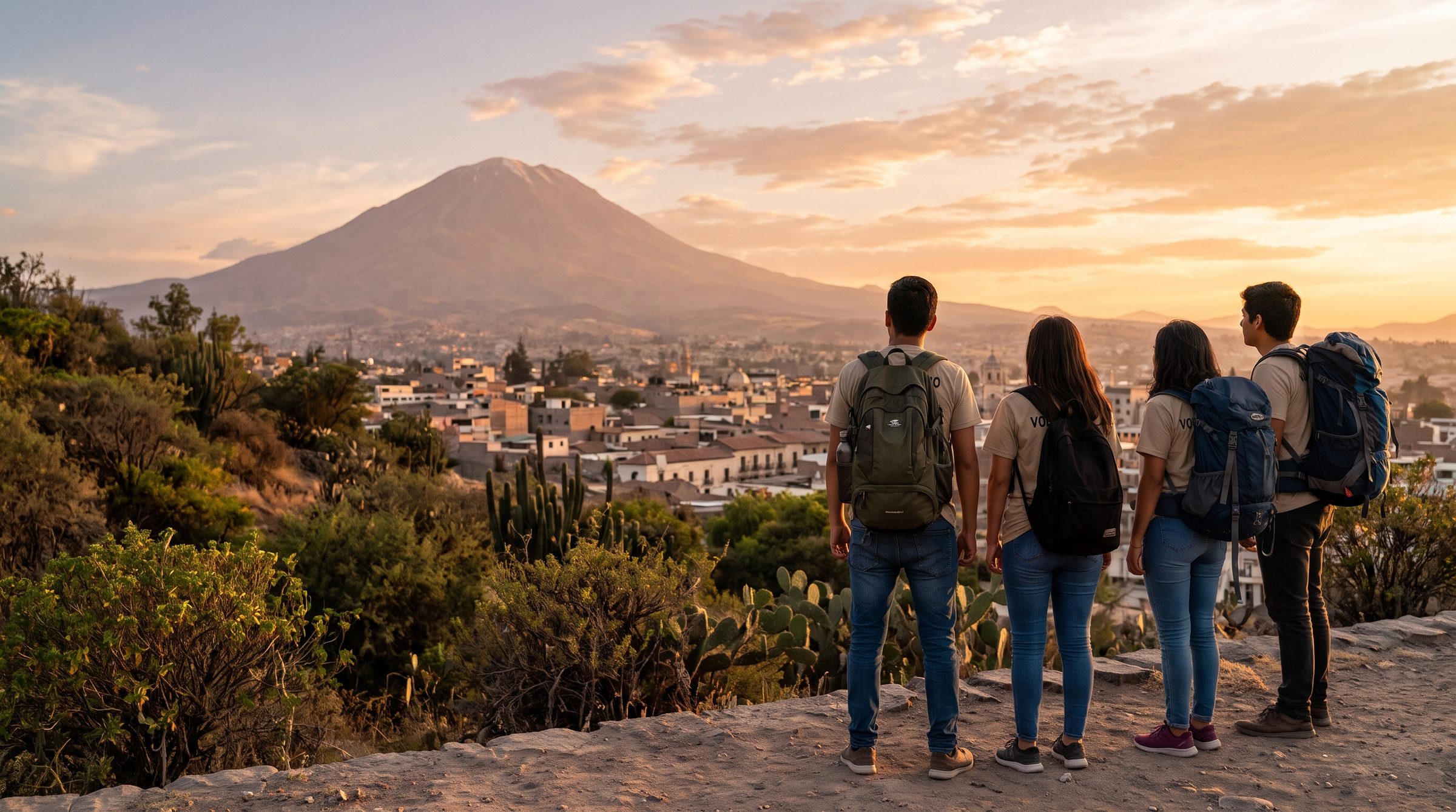 Cuatro jóvenes con mochilas miran Arequipa y el volcán Misti al atardecer