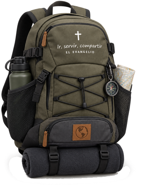 Mochila misionera con el lema Ir, servir, compartir el evangelio