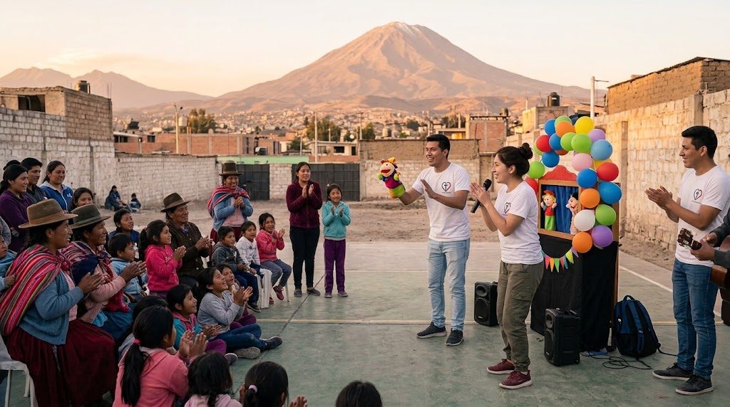 Jóvenes animan a niños en una cancha de Arequipa con globos de colores