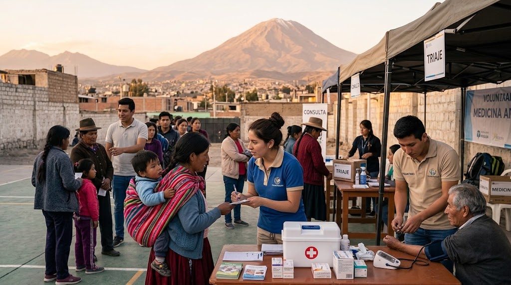 Voluntarios atienden a vecinos en una campaña de salud al aire libre